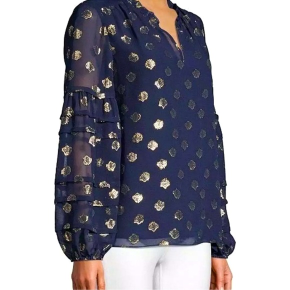 NWT LILLY PULITZER GIANA SILK TOP TRUE NAVY SEAGRASS METALLIC CLIP CHIFFON - Picture 3 of 8